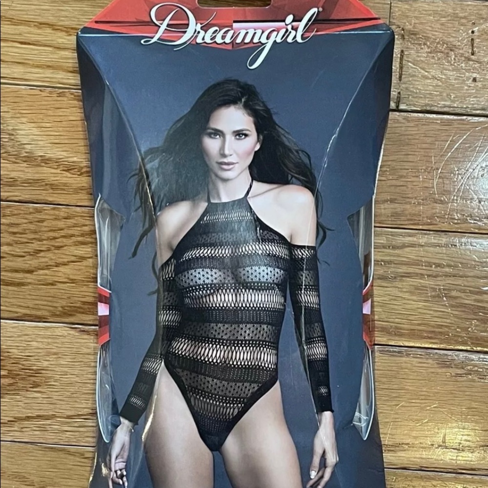 Pure Romance fishnet cold shoulder lingerie, black, one size fits most